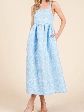 Lovelo Midi Textured Blue Floral Print Dress